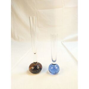 Vintage MCM Controlled Bubble Clear Blue and Amber Art Glass Bud Vase - Lot of 2